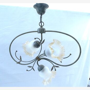 3-branched metal chandelier, tulip-shaped glass lampshade