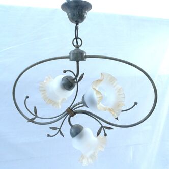 3-branched metal chandelier, tulip-shaped glass lampshade