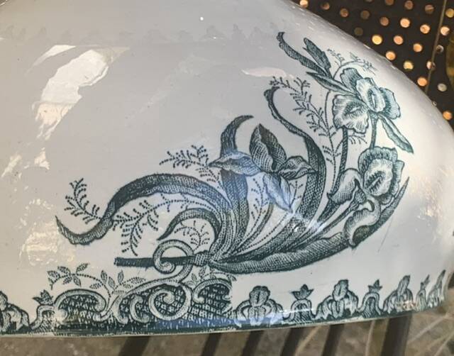 Soup tureen base, old salad bowl, iron earth with blue iris pattern, 19th century, collector's item