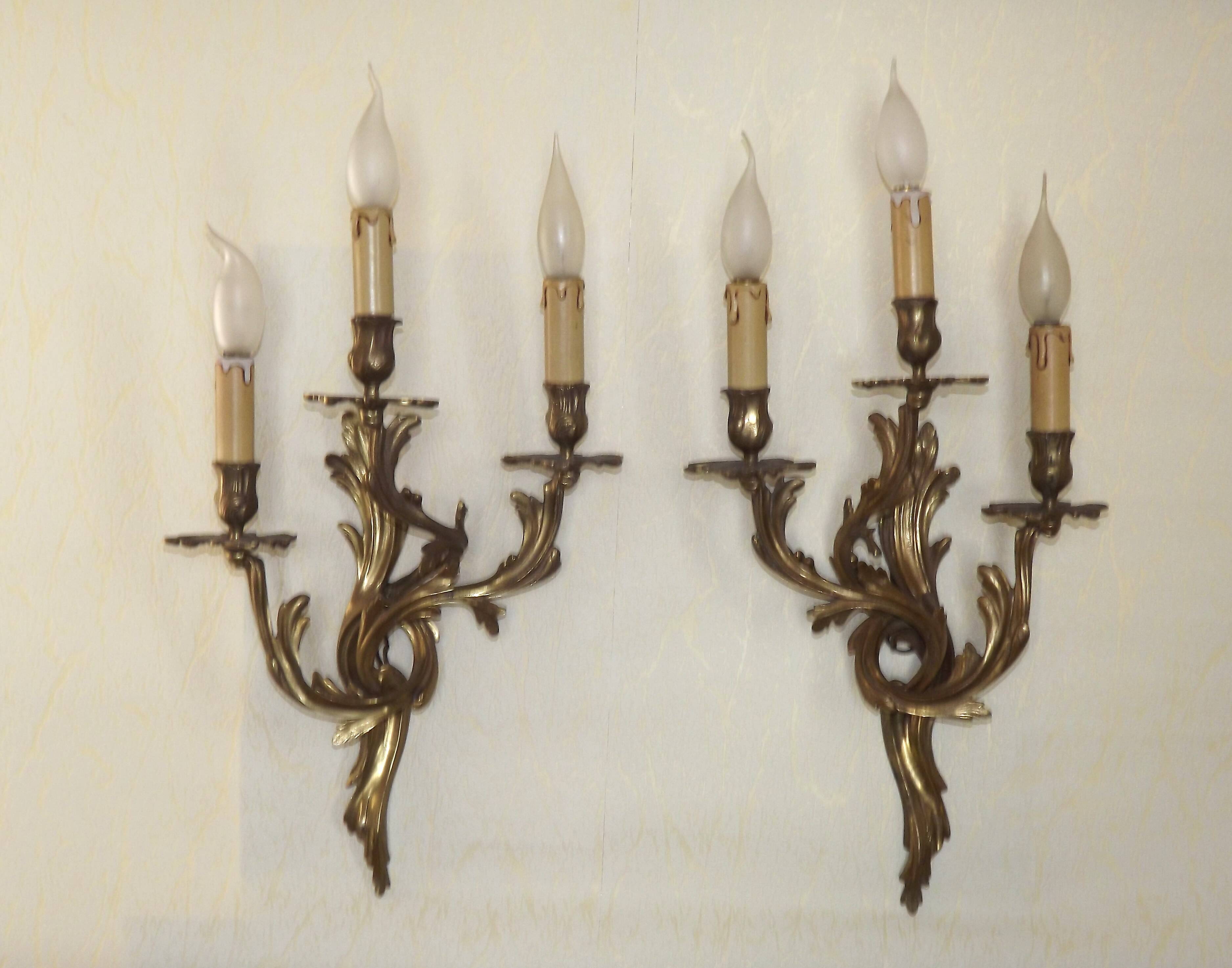 Very large pair of early 1900s 3-light acanthus leaf wall sconces 5209