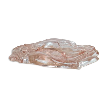 Vide-poche / cendrier vintage en verre rose, mains jointes