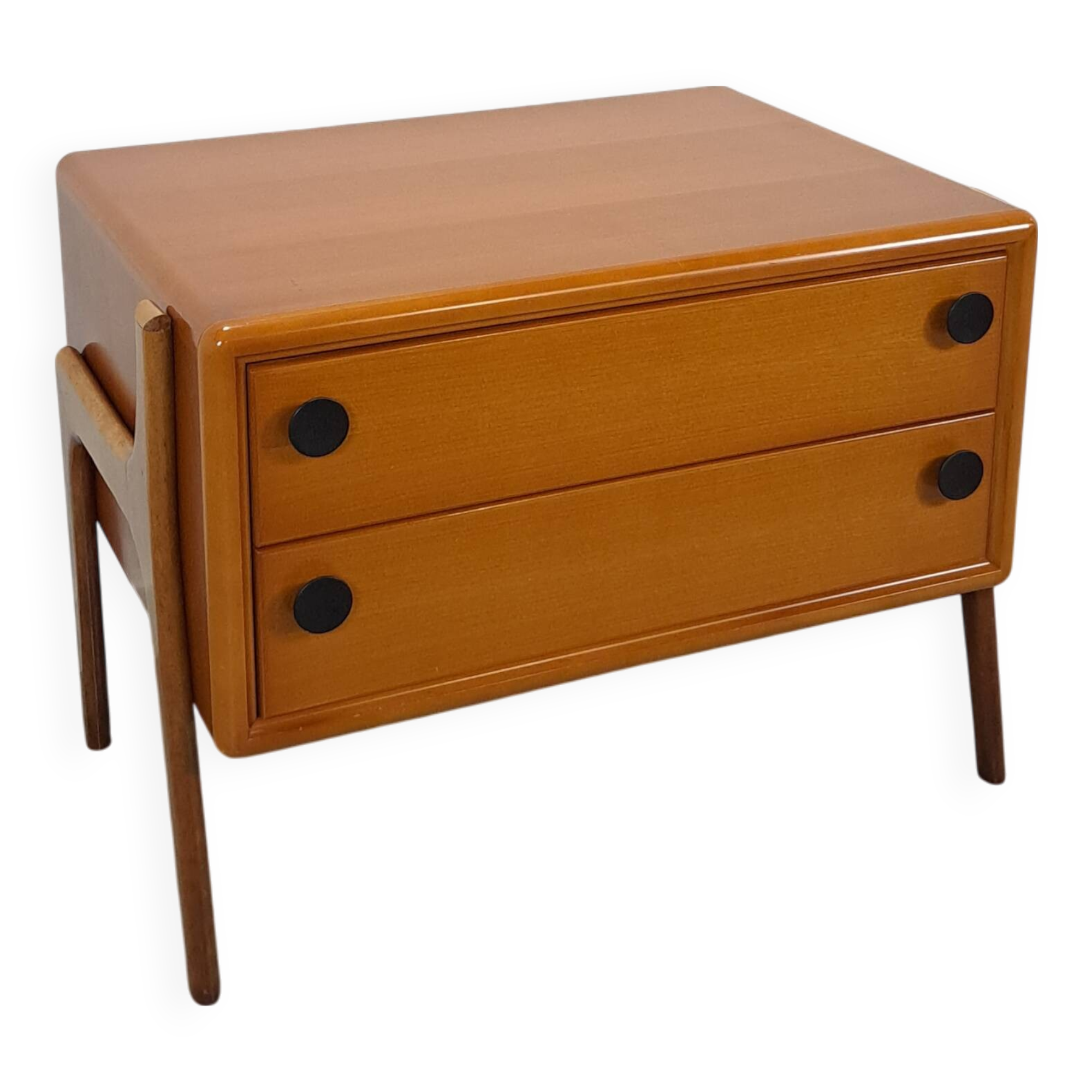 Teak ladekast met zwarte metalen grepen, tv meubel