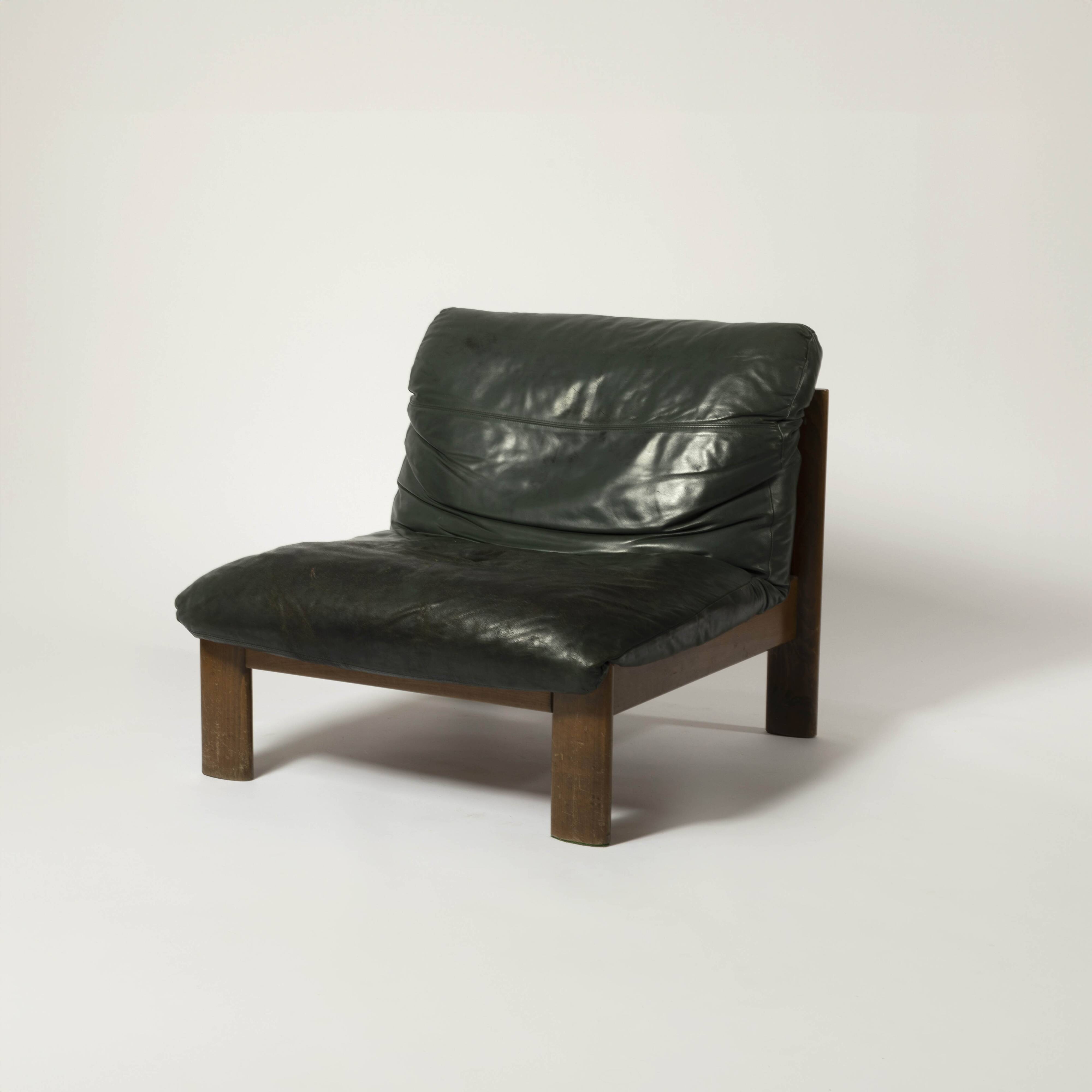 Sling chair in wood and green leather, germany, 1970s