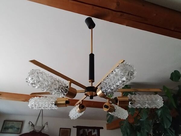 Lustre arlus vintage laiton et verre 6 lumières