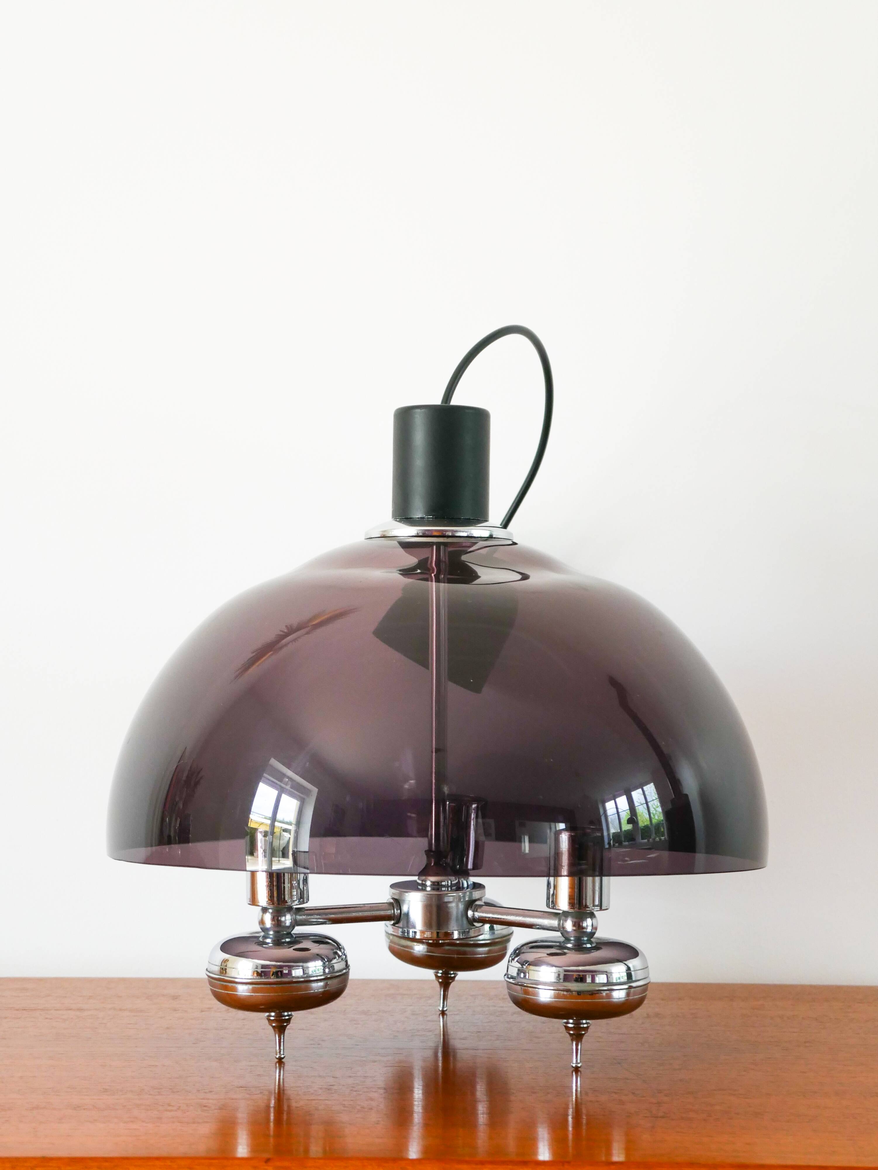 Three-branched chandelier in smoked plexi and chrome, Space Age, 1970