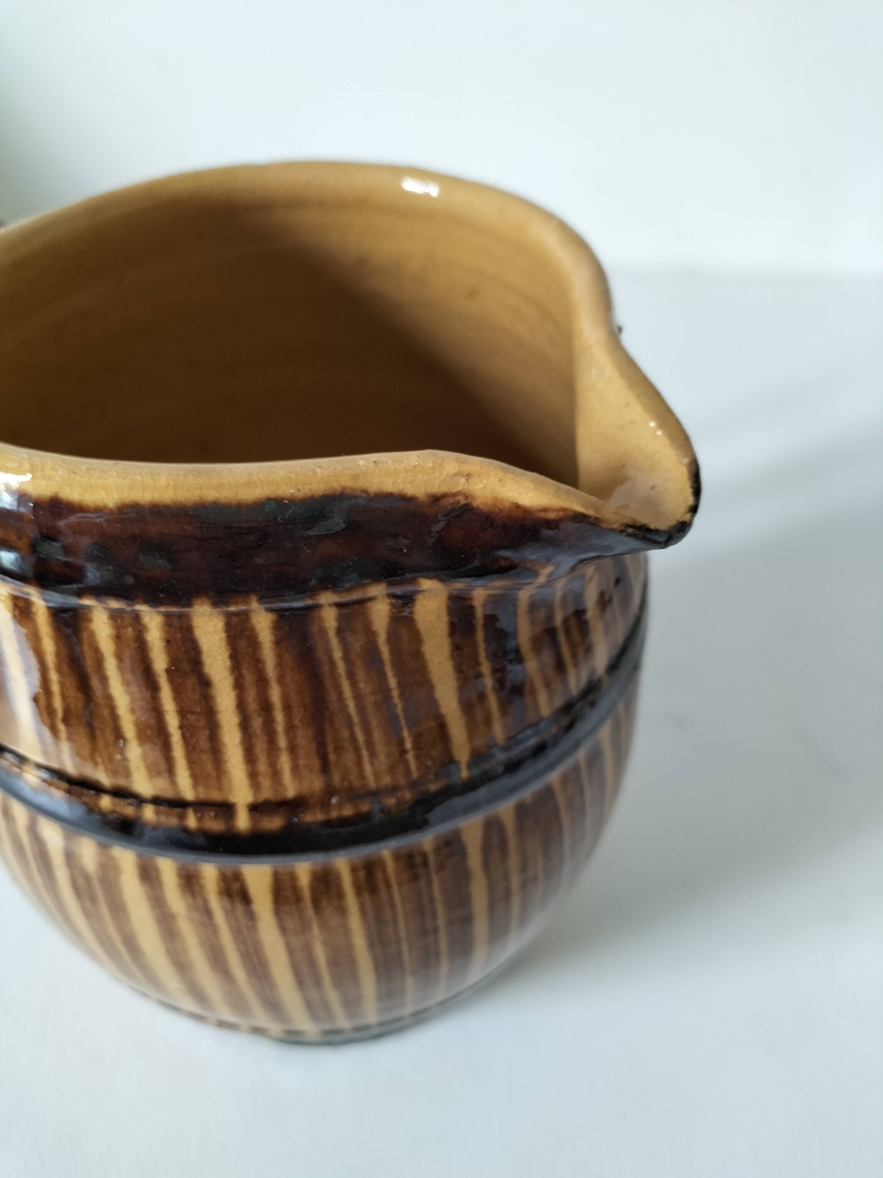 Large vintage pitcher with trompe l'oeil effect, barrel in glazed stoneware, 1950s