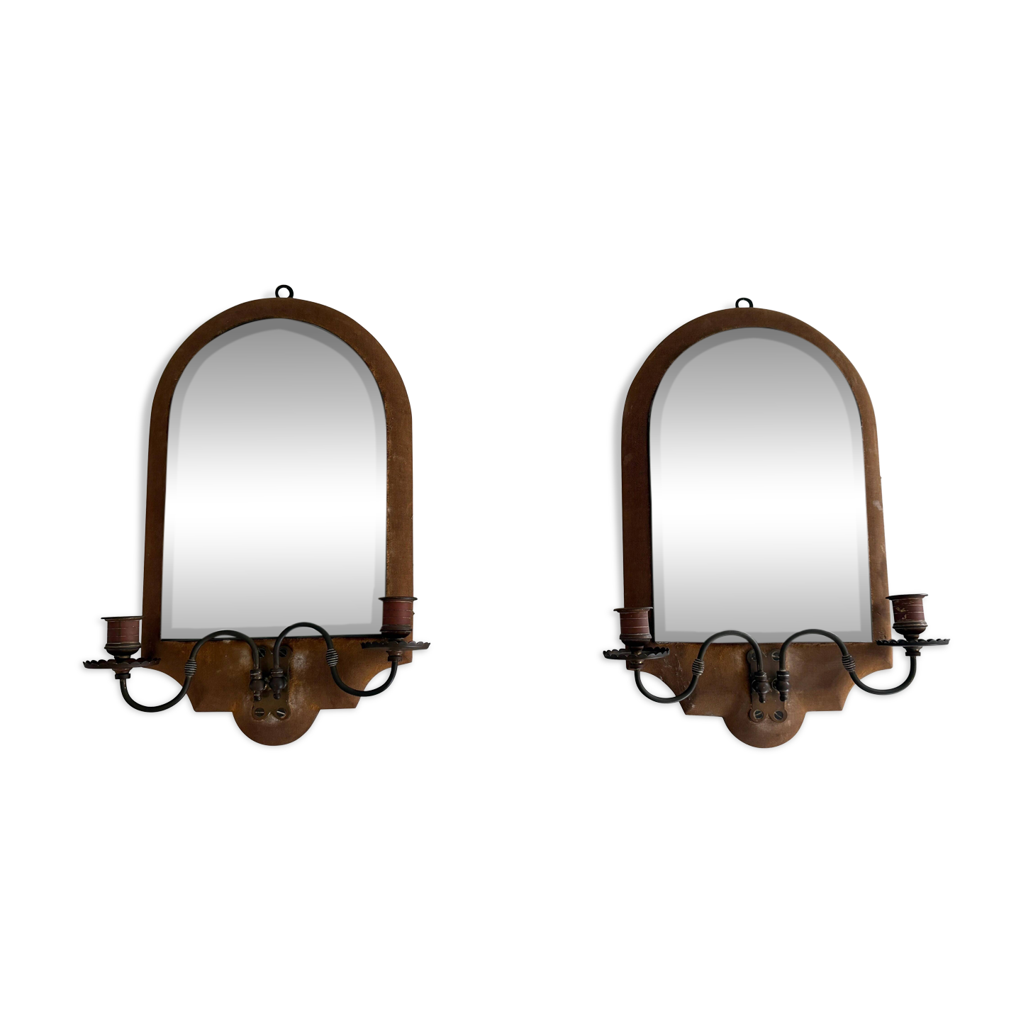 Pair of brass double-headed candlesticks with mirrors, 1940s, Italy