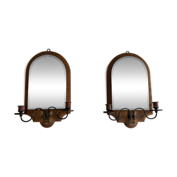 Pair of brass double-headed candlesticks with mirrors, 1940s, Italy