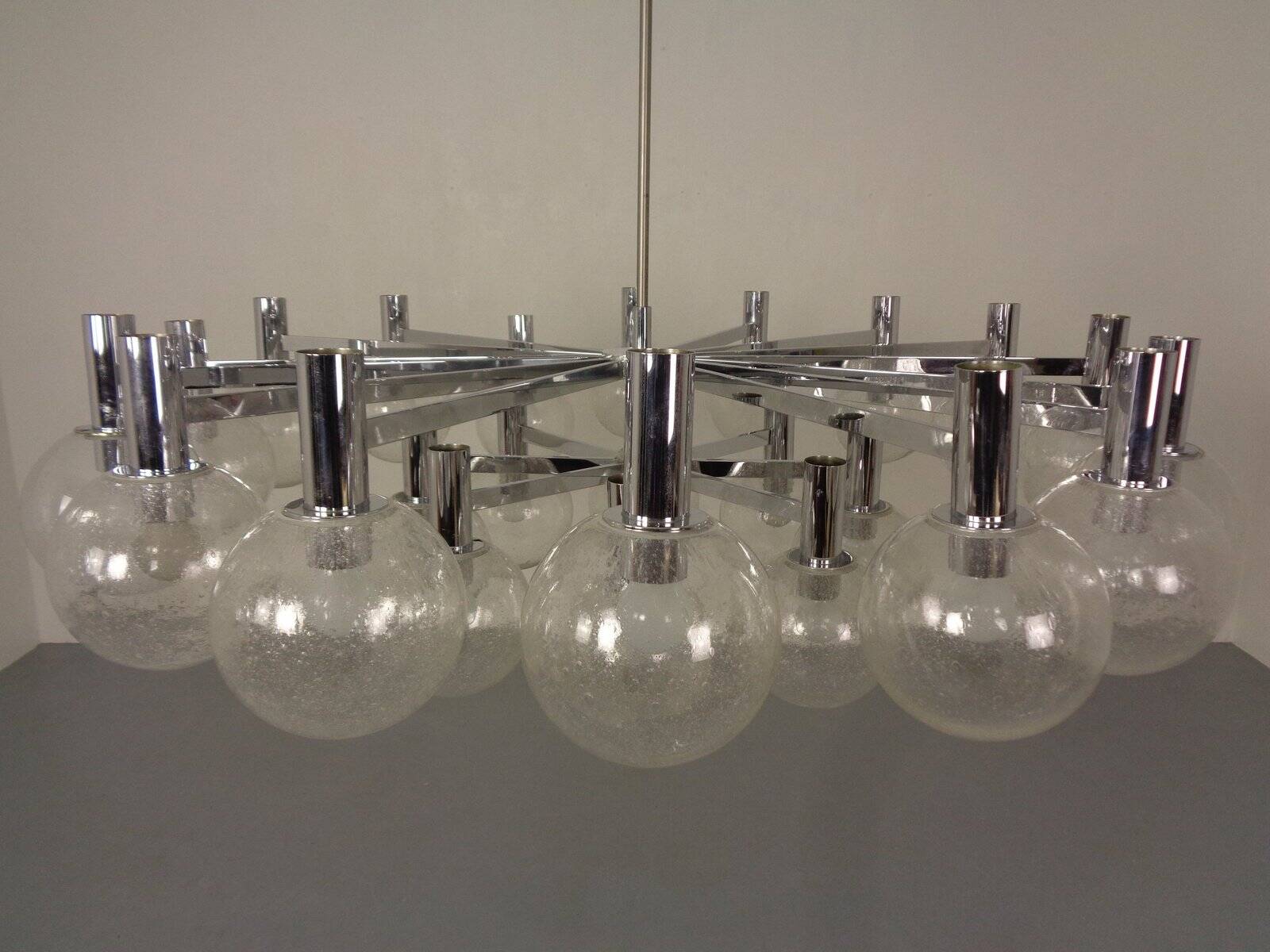 Large chromed spider Sputnik lamp with 24 hand-blown ice glass balls from Ott International, Germany, 1960s.