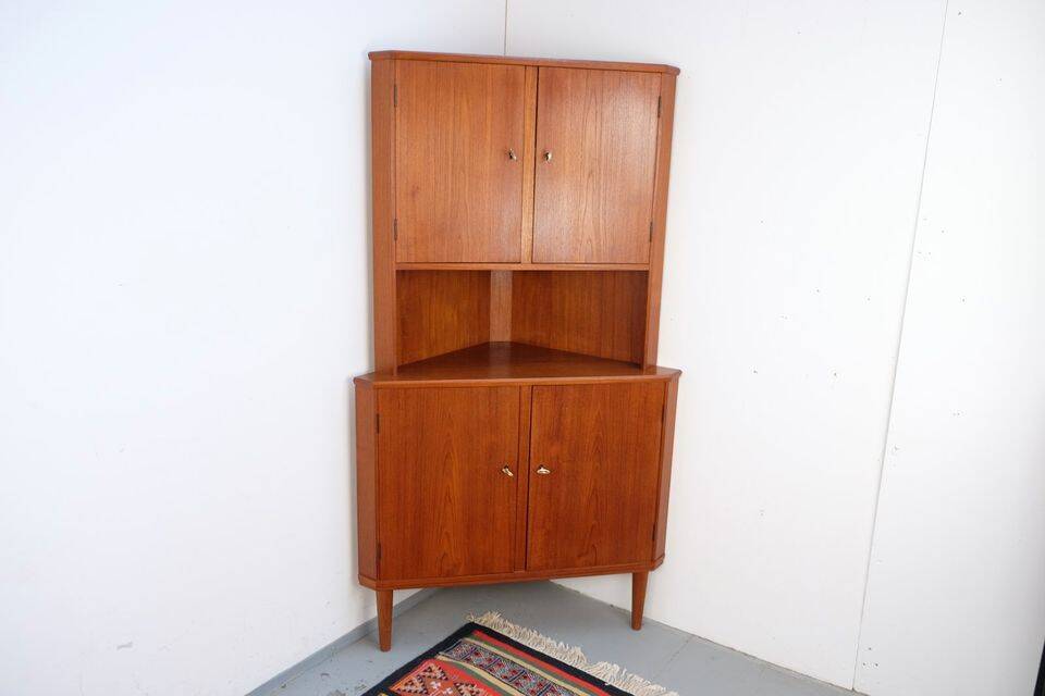 Vintage Danish teak corner cabinet, retro 1960s style.