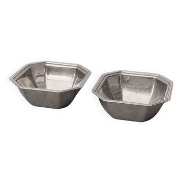 Pair of small vintage octagonal bowls in stainless steel, futuristic Italian style.
