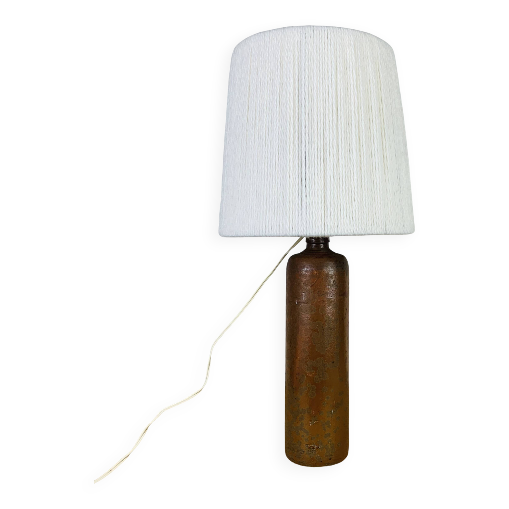 Stoneware bottle lamp and vintage wool lampshade