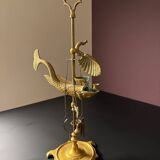 Antique brass oil lamp with fish decoration – marine object – cabinet