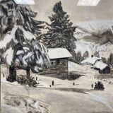 Ancien tableau / dessin sur papier signé et daté 1960. Montagne, chalet, hiver