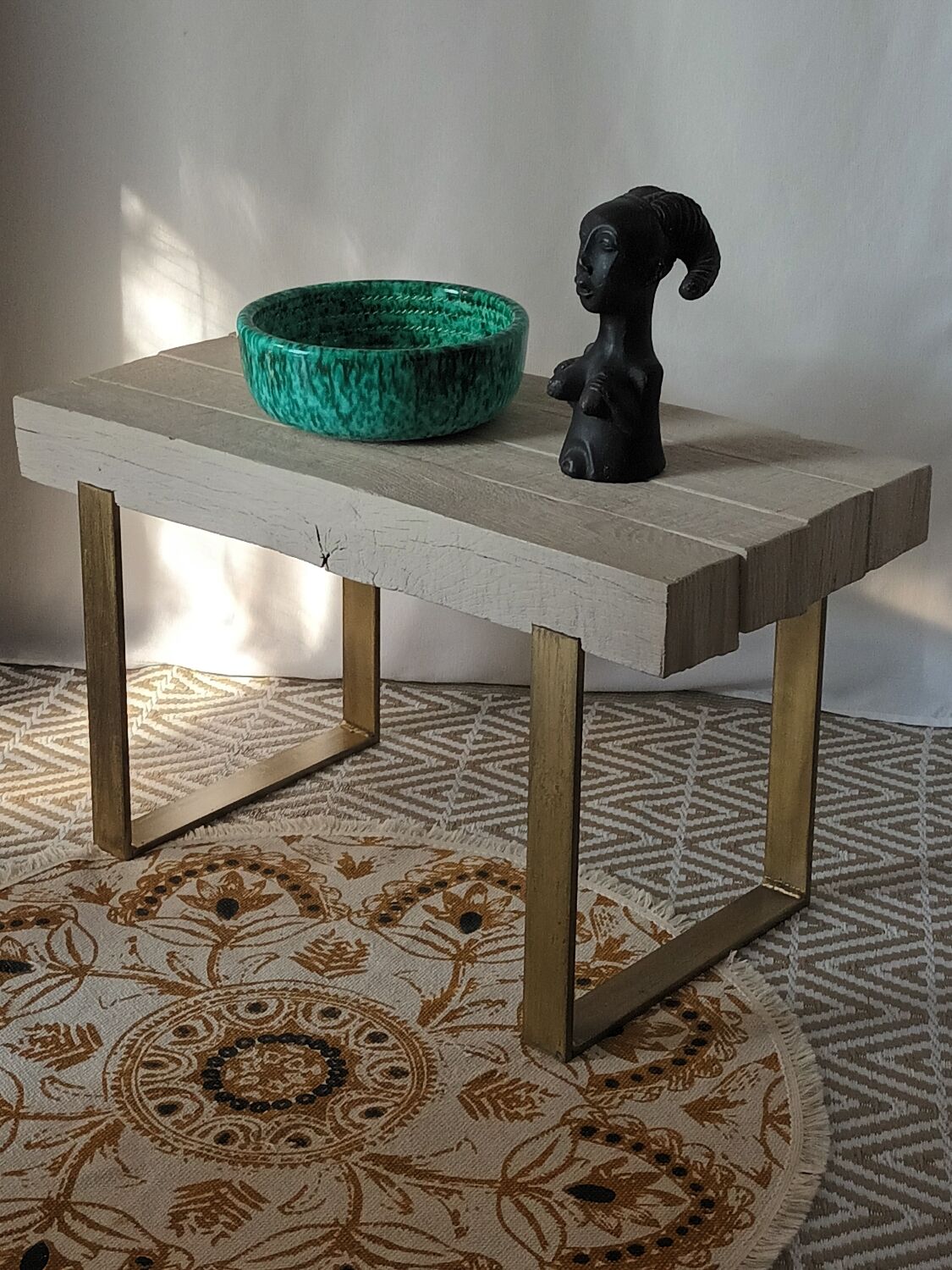 Chevron-patterned solid oak coffee table handmade.