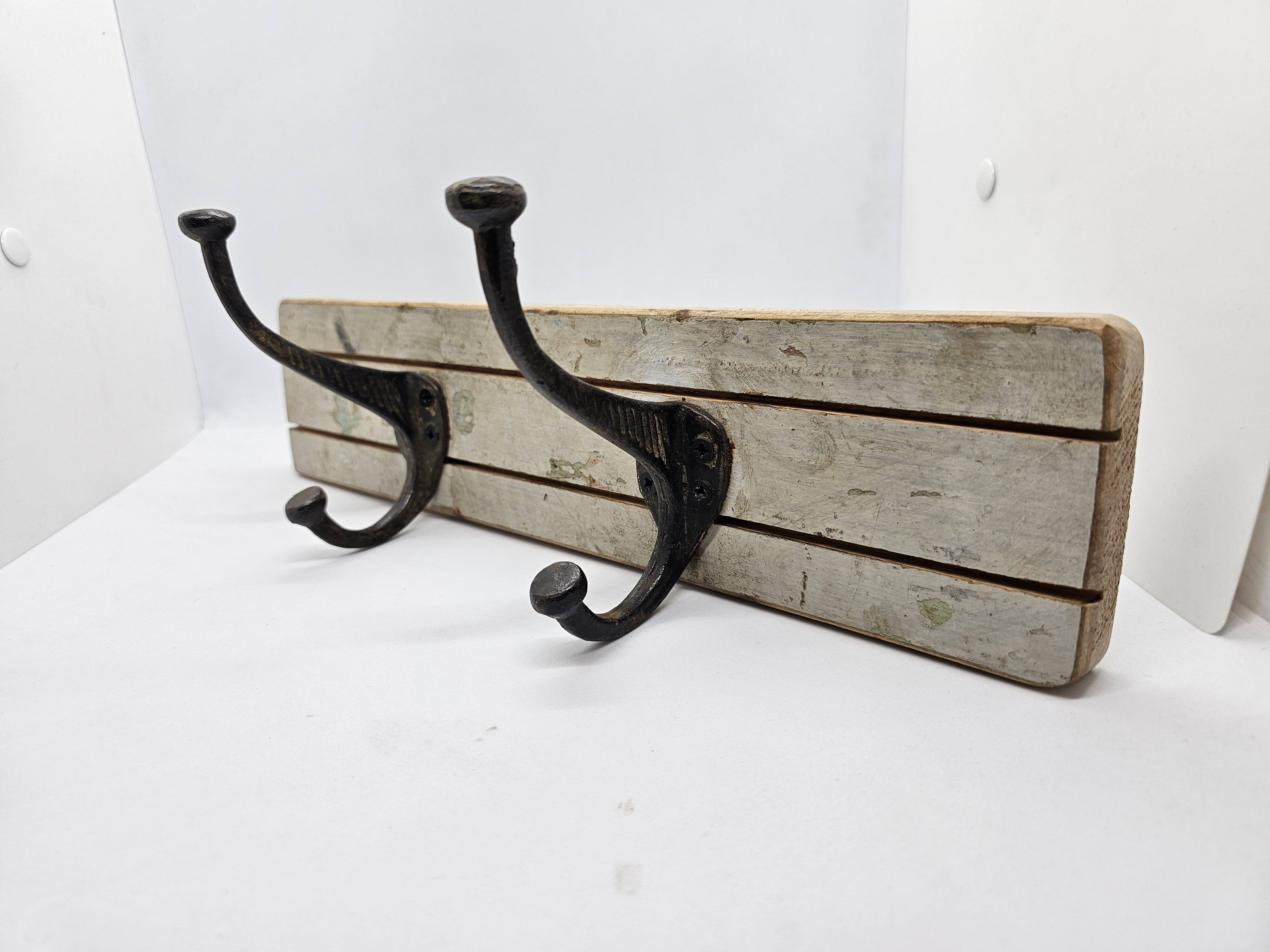 Solid teak coat hook with 2 double cast iron hooks