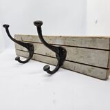 Solid teak coat hook with 2 double cast iron hooks