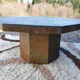 Octagonal slate brutalist coffee table from the 1970s