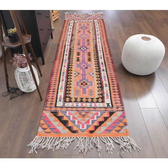 1970s Vintage Turkish Hand-Knotted Wool Cotton Orange Runner Rug 86x326