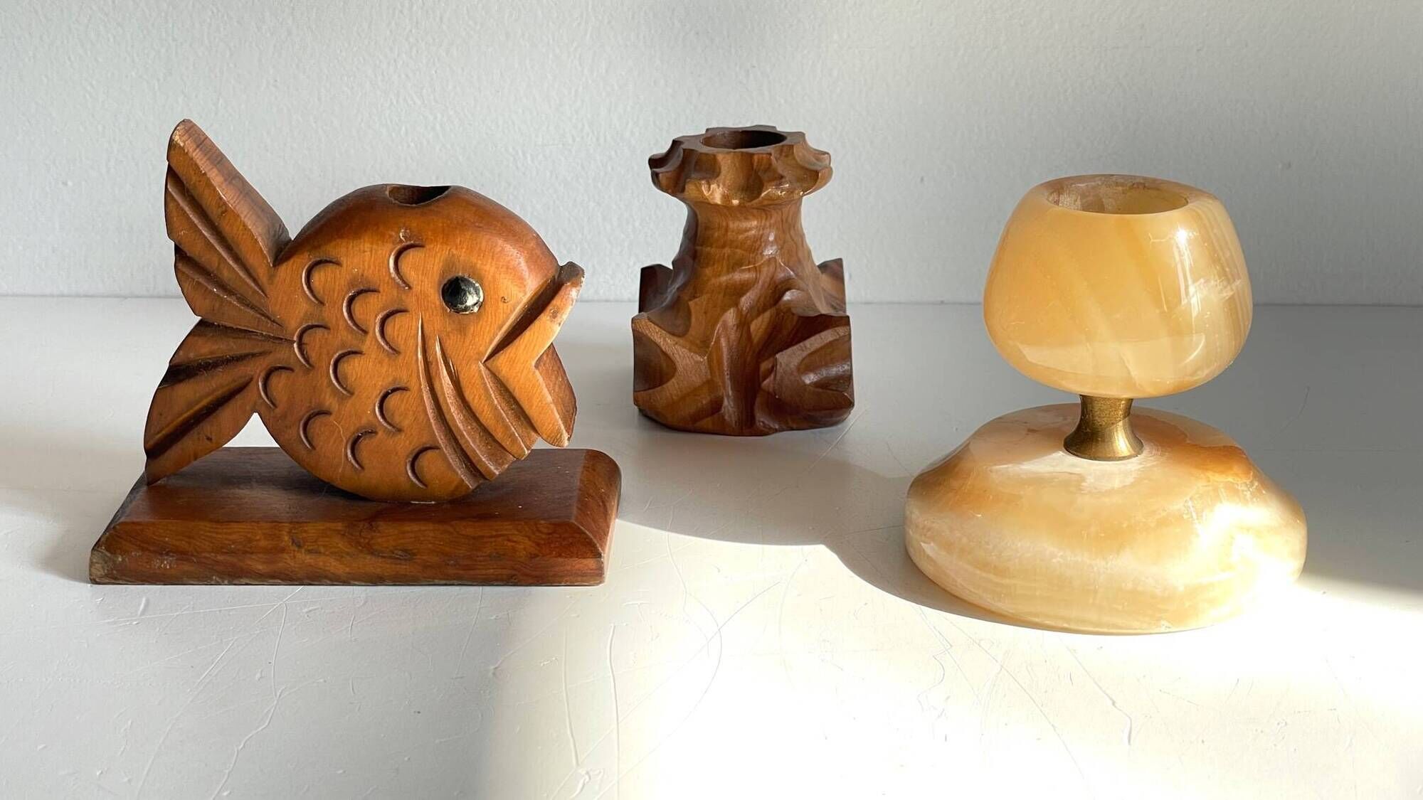 Trio of vintage wood and onyx candle holders