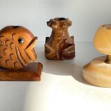 Trio of vintage wood and onyx candle holders