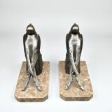 Serre-livres Art Déco oiseaux en marbre et métal bronze