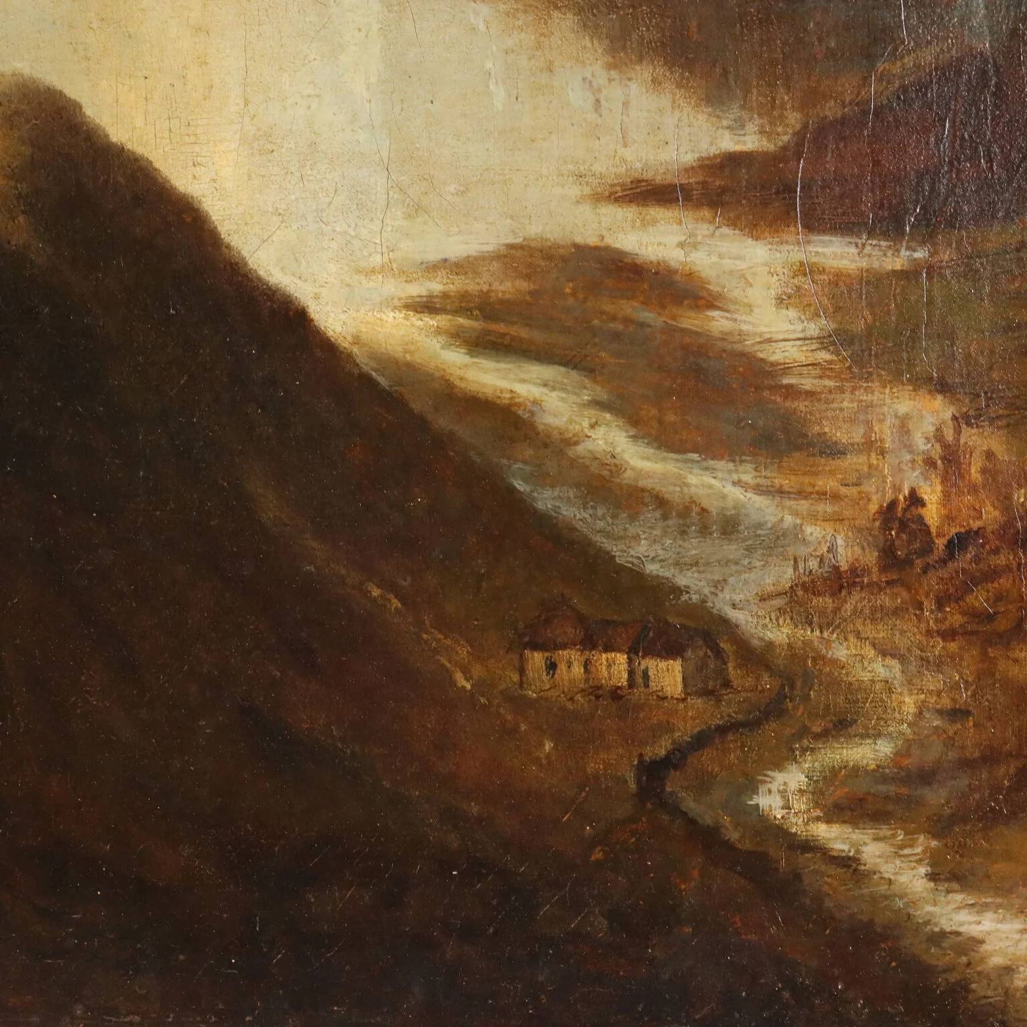 Old painting of a mountain landscape with a lake, oil on canvas 1890