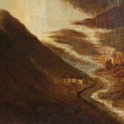 Old painting of a mountain landscape with a lake, oil on canvas 1890