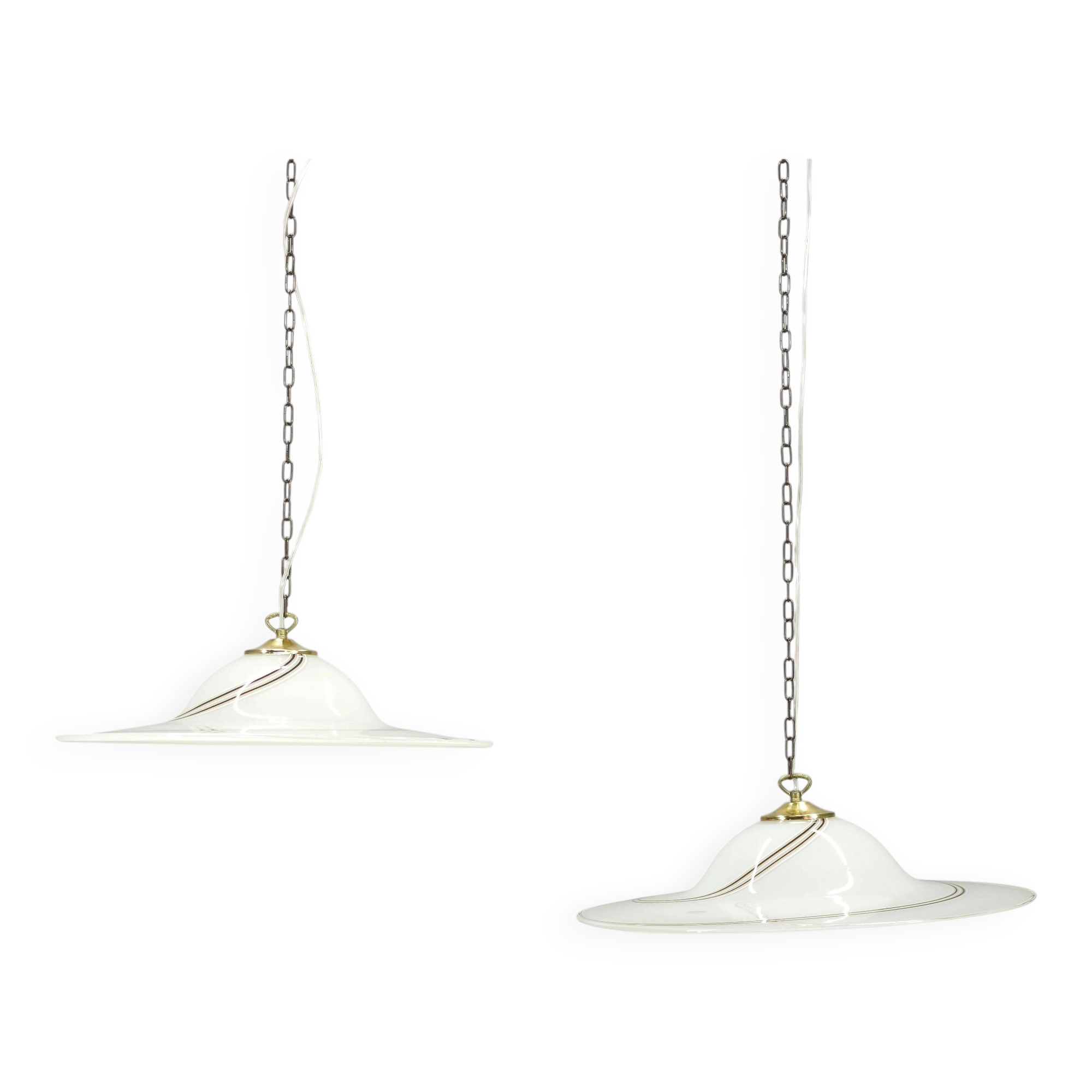 Pair of 1970s Italian Murano Opaline Glass and Brass Pendant Lights