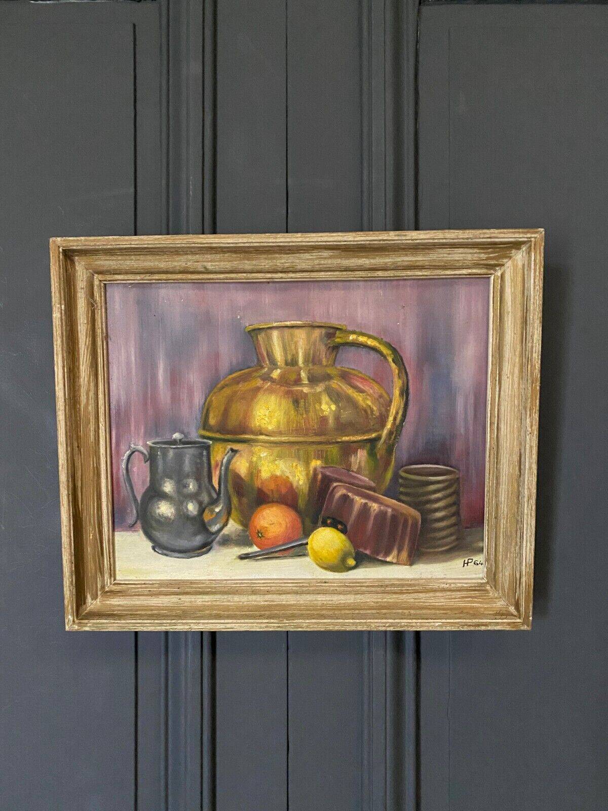 Oil on cardboard still life with fruit and saucepan HP 1964