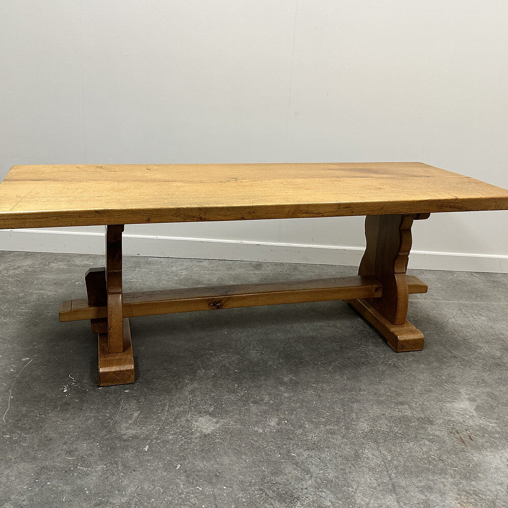 Vintage large French blonde oak monastery dining table, 1960s.