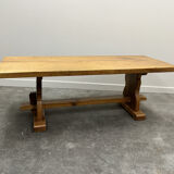 Vintage large French blonde oak monastery dining table, 1960s.