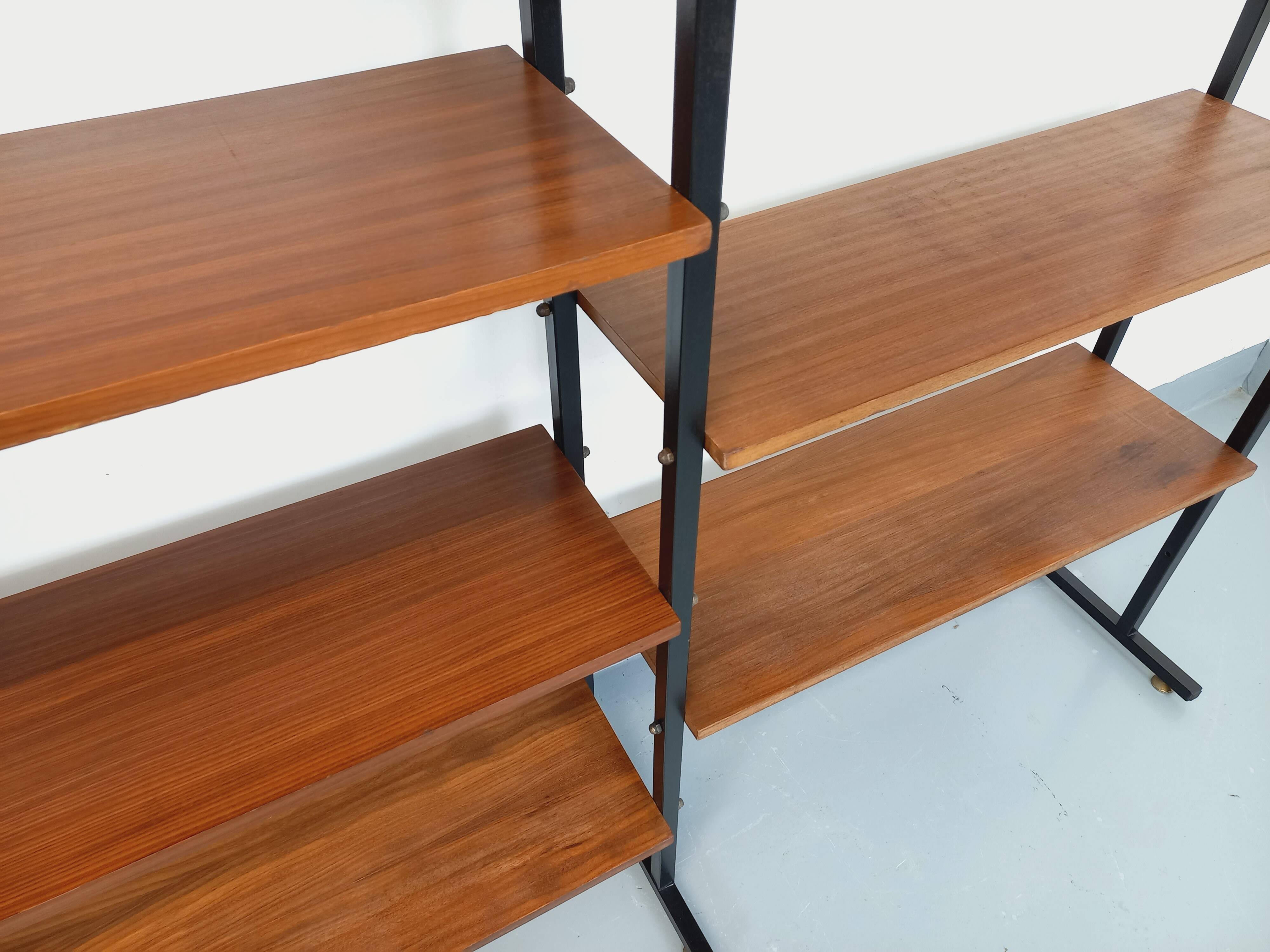 Vintage Italian triple modular bookshelf in teak and metal.