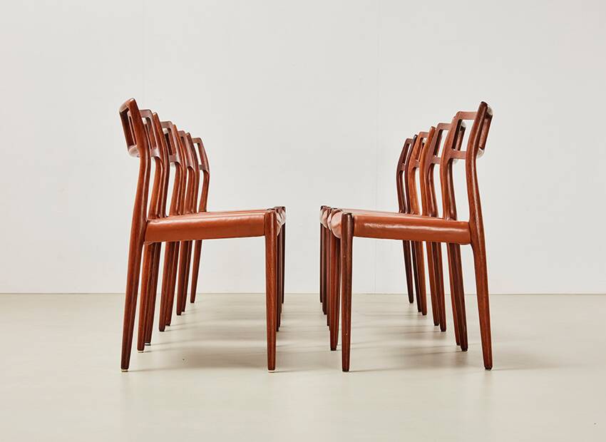 Niels Otto Moller Set of 8 Model 79 Dining Chairs in Rosewood and Leather for JL Mollers 1966