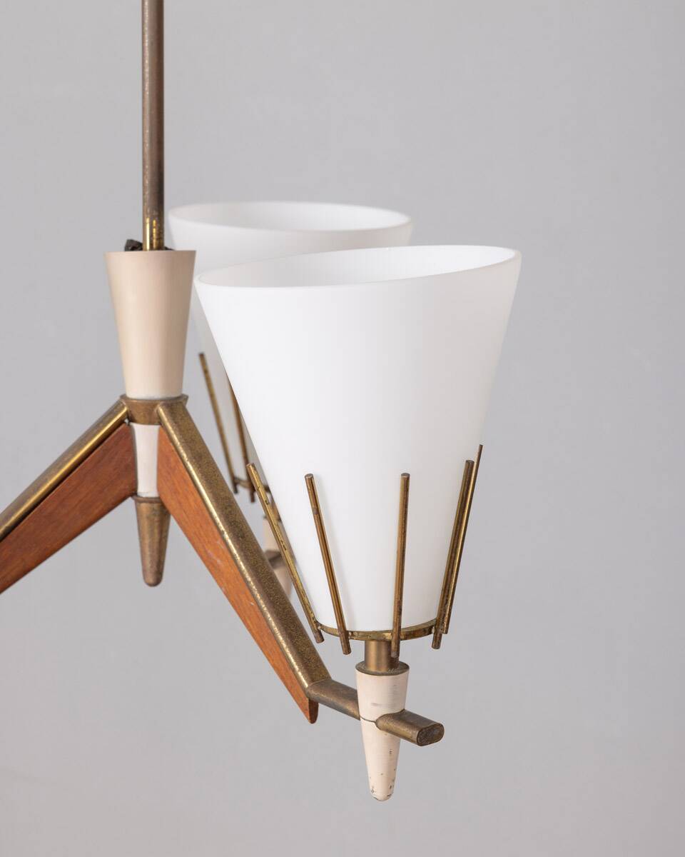 Vintage 50s chandelier in brass, wood and opal glass italian design