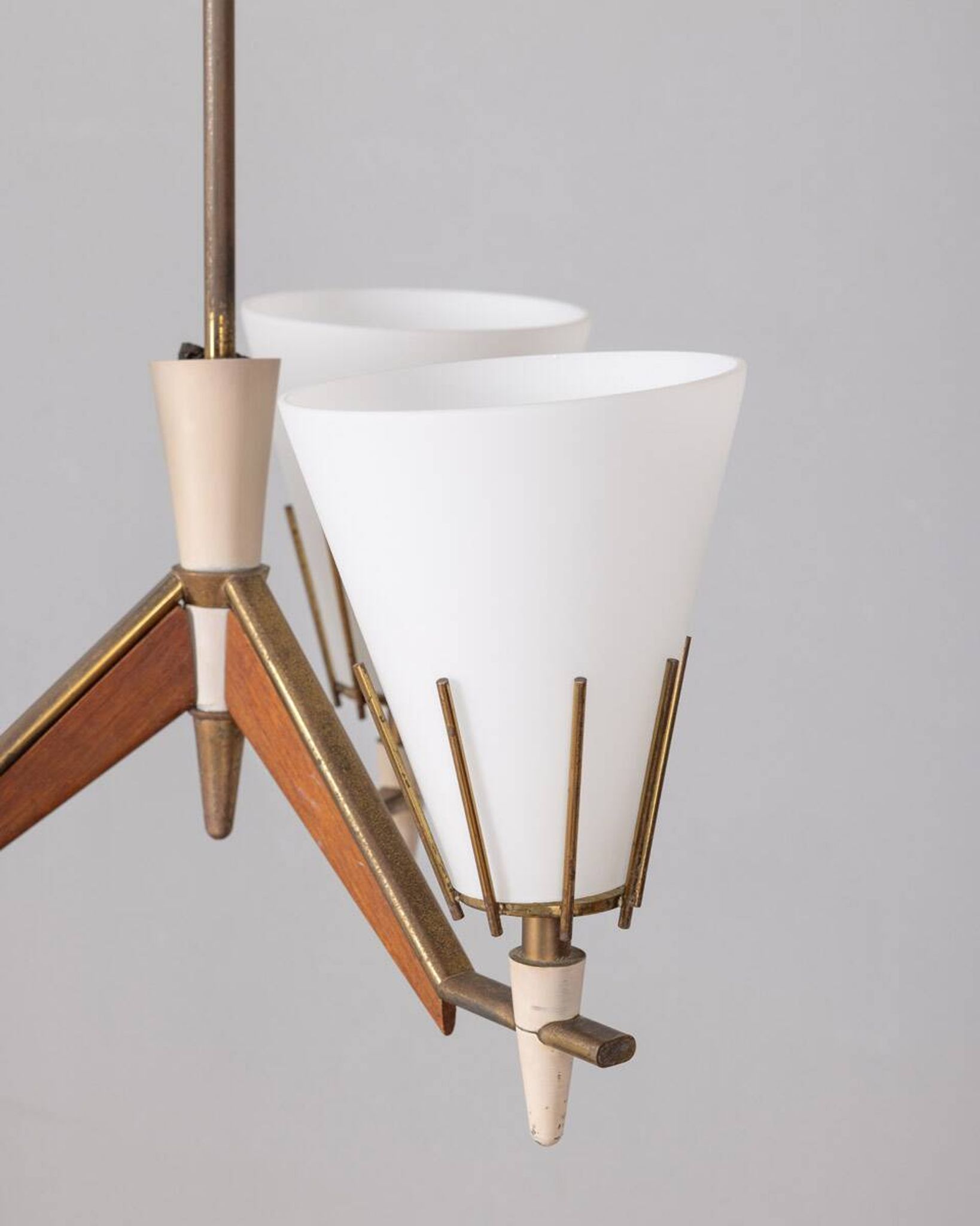 Vintage 50s chandelier in brass, wood and opal glass italian design