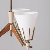 Vintage 50s chandelier in brass, wood and opal glass italian design