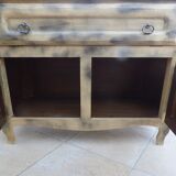 Low cabinet with two doors, a large drawer and its top which lifts up in solid wood