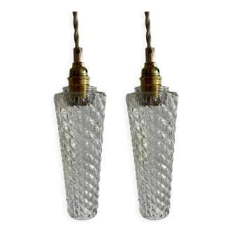 Set of two vintage electric chiseled glass walking lamps