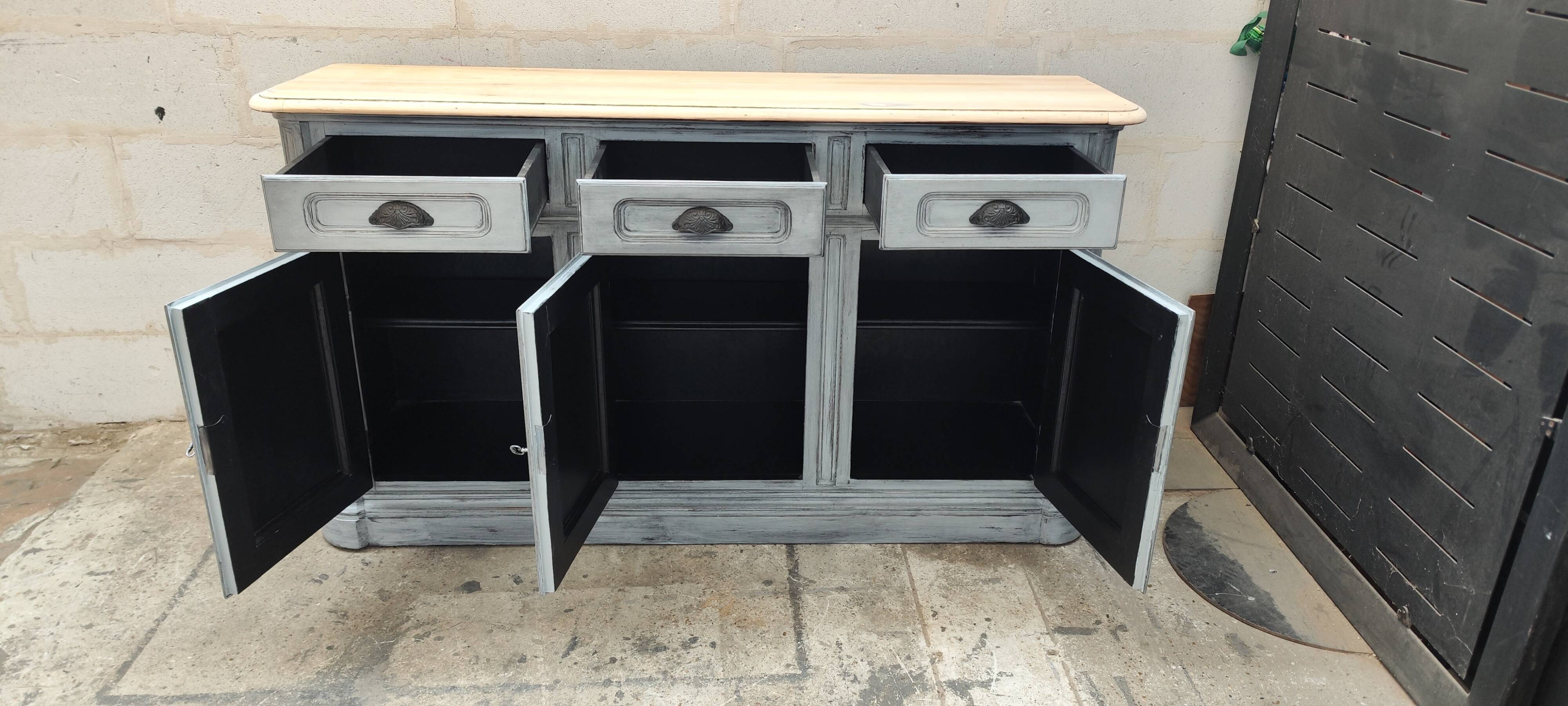 Grey patina furniture with three doors and three drawers