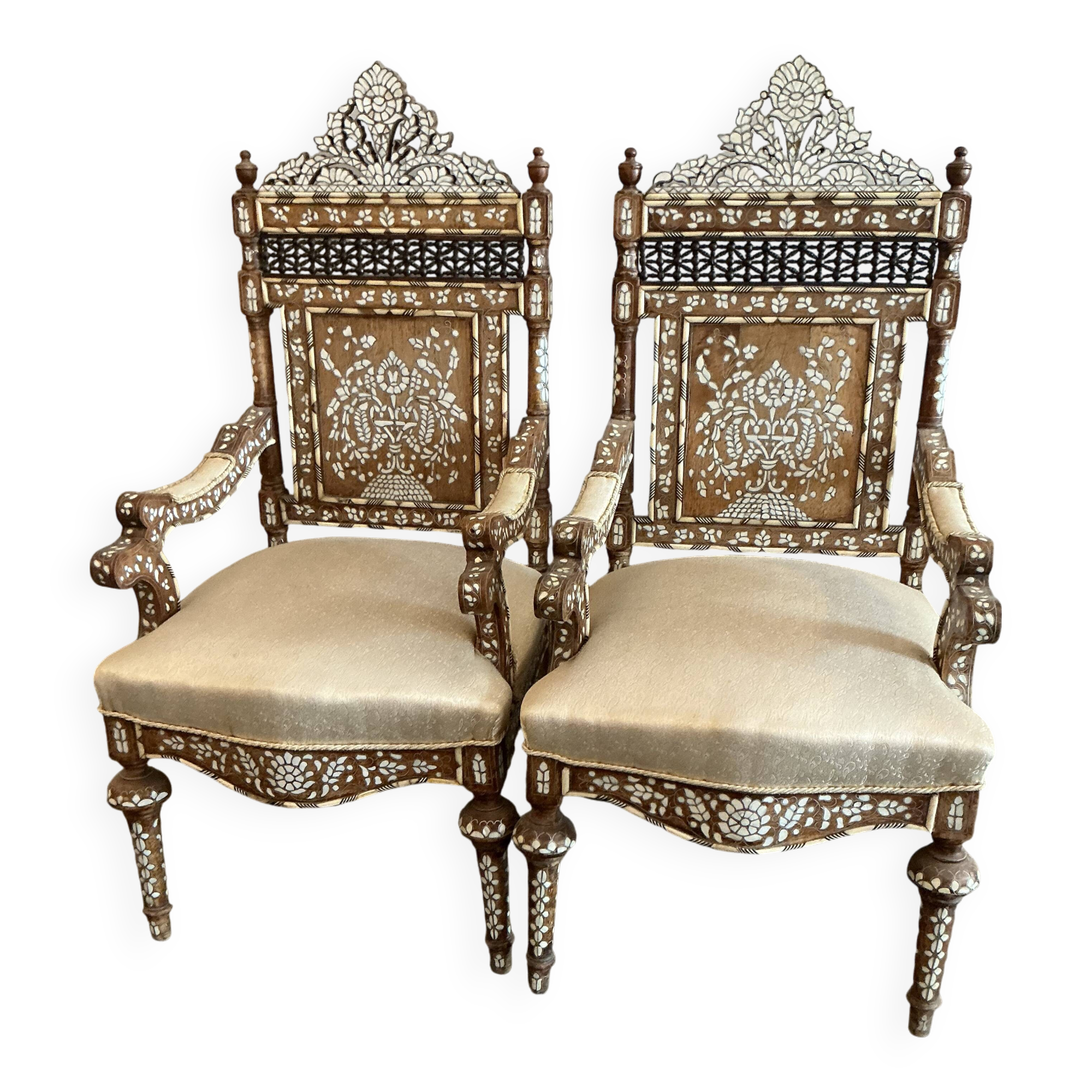 Syrian walnut armchairs inlaid with mother-of-pearl