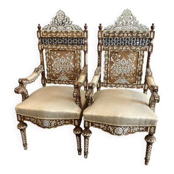 Syrian walnut armchairs inlaid with mother-of-pearl
