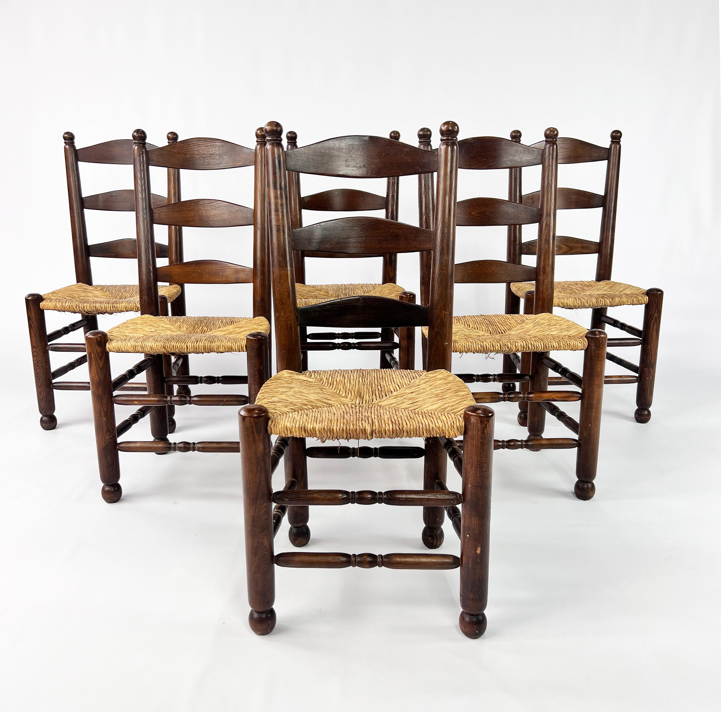 Set of 6 french antique rush and oak dining chairs, 1900s