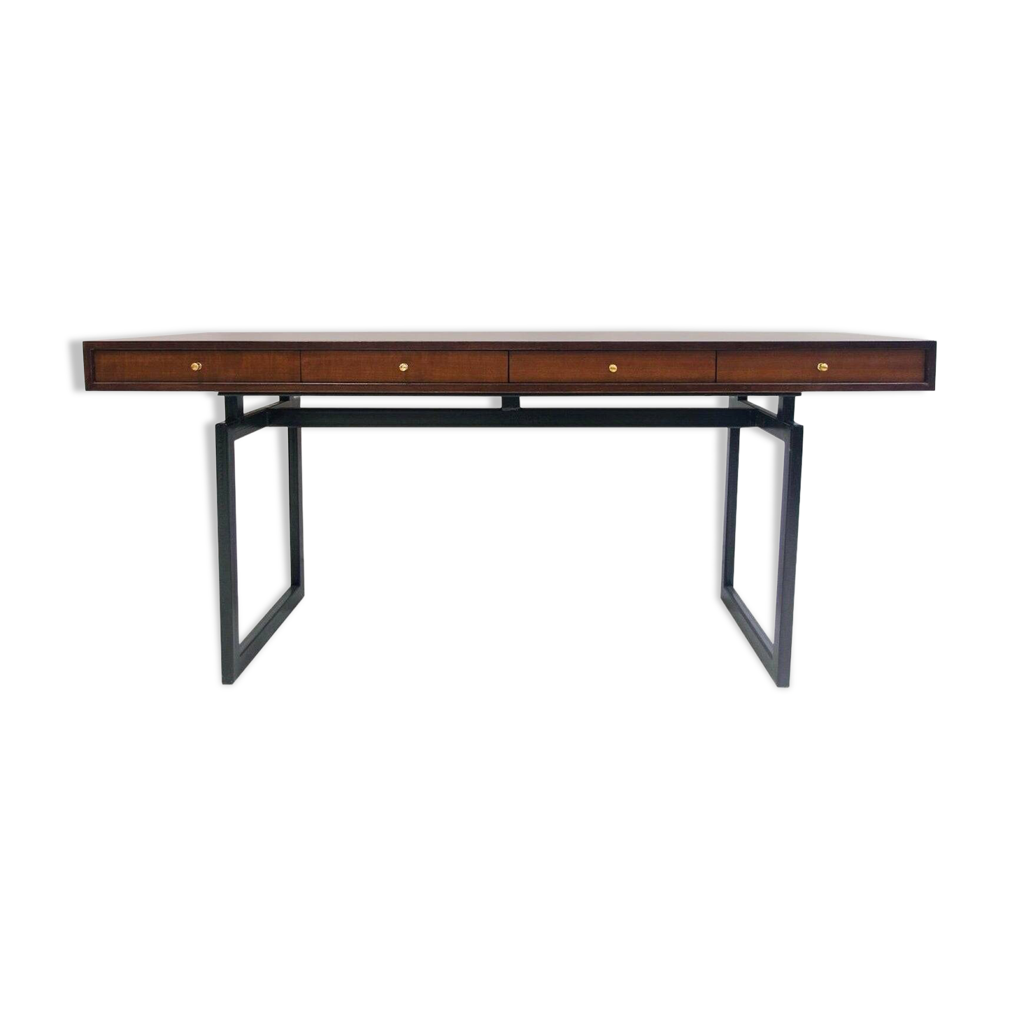 Wooden desk with drawers and black lacquered legs.