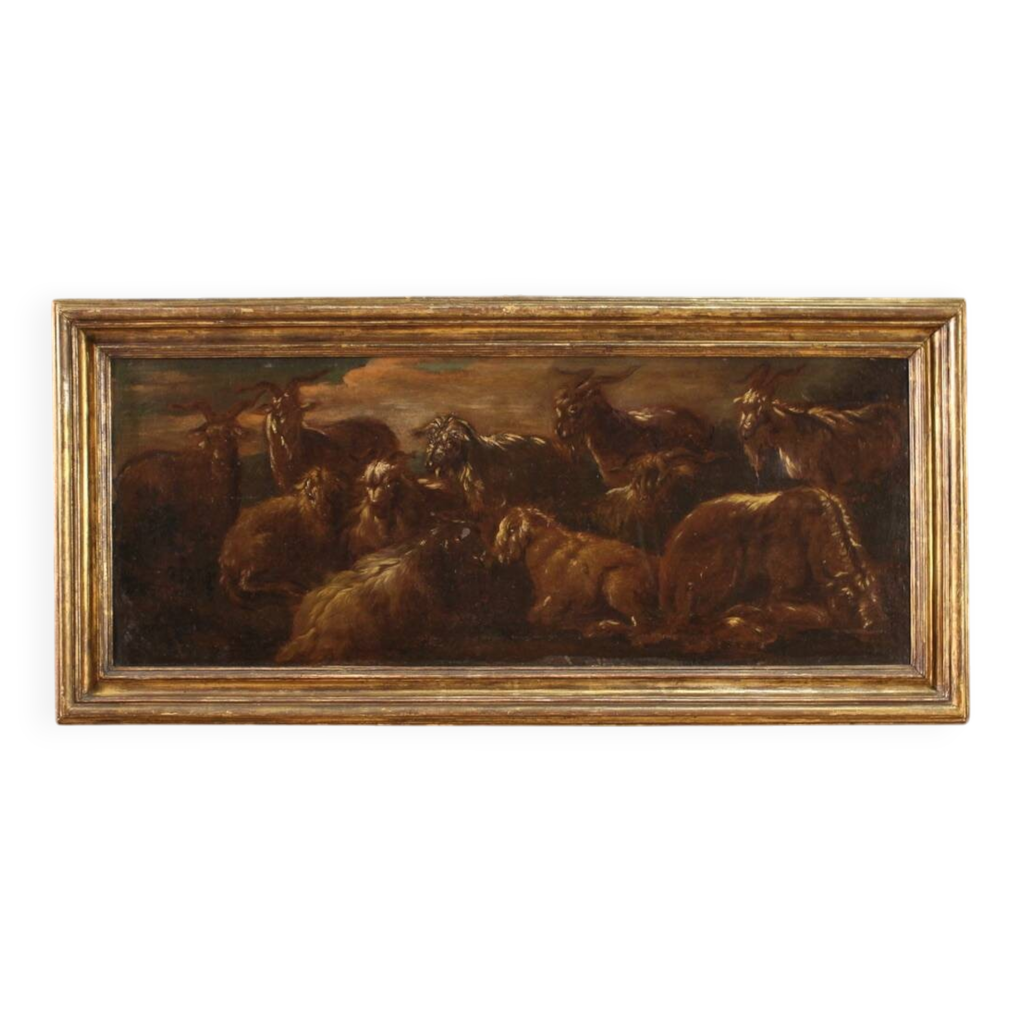 Peinture ancienne paysage avec des chèvres du XVIIe siècle