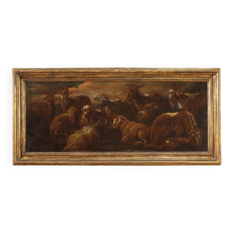 Antique painting landscape with goats from 17th century