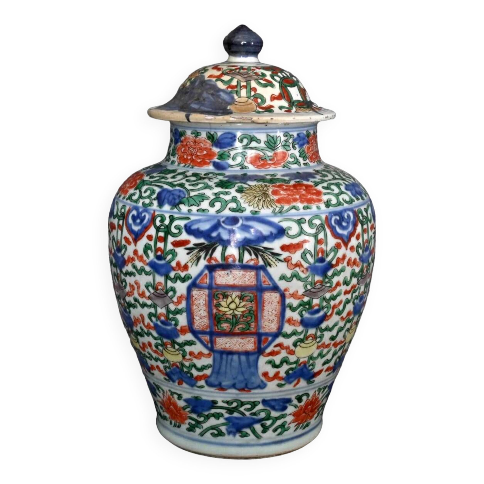 China 18th century Baluster covered pot in polychrome porcelain