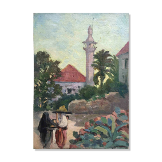 Tableau HSC Orientaliste "Femmes devant le Minaret" début XX° siècle