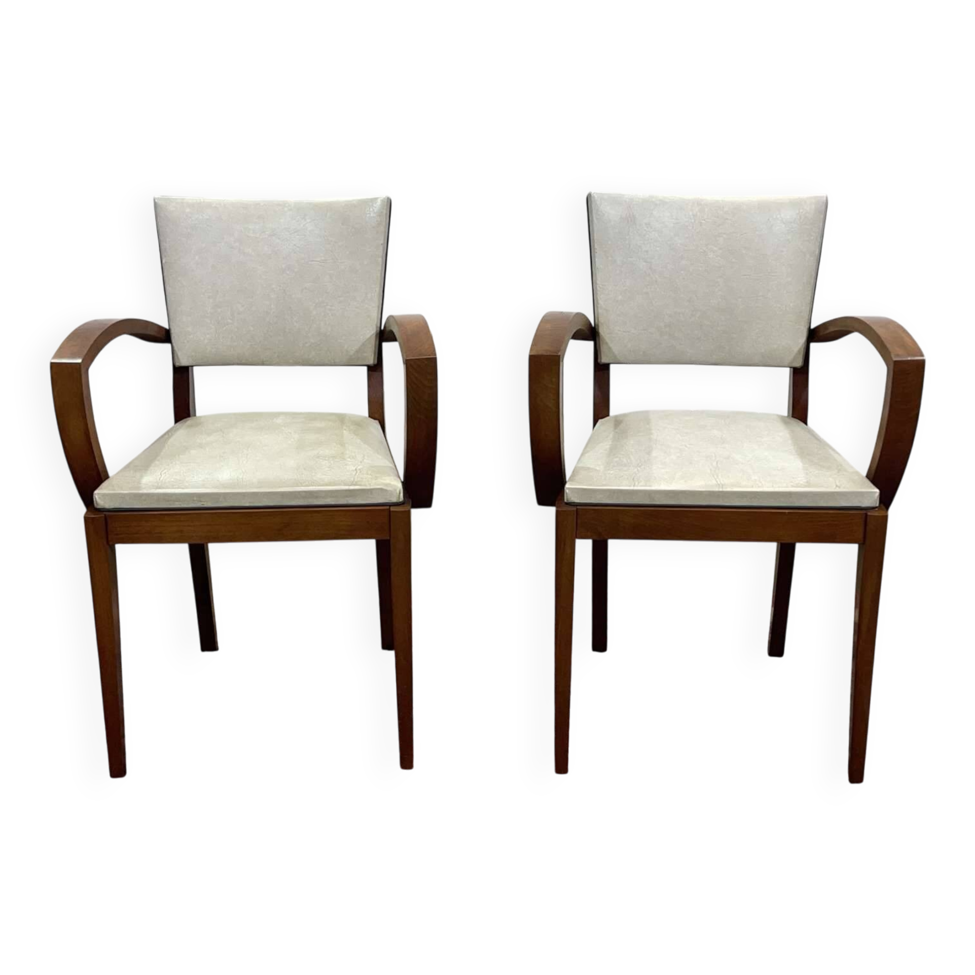 Pair of Art Deco bridge chairs in beech and imitation leather from the 1950s