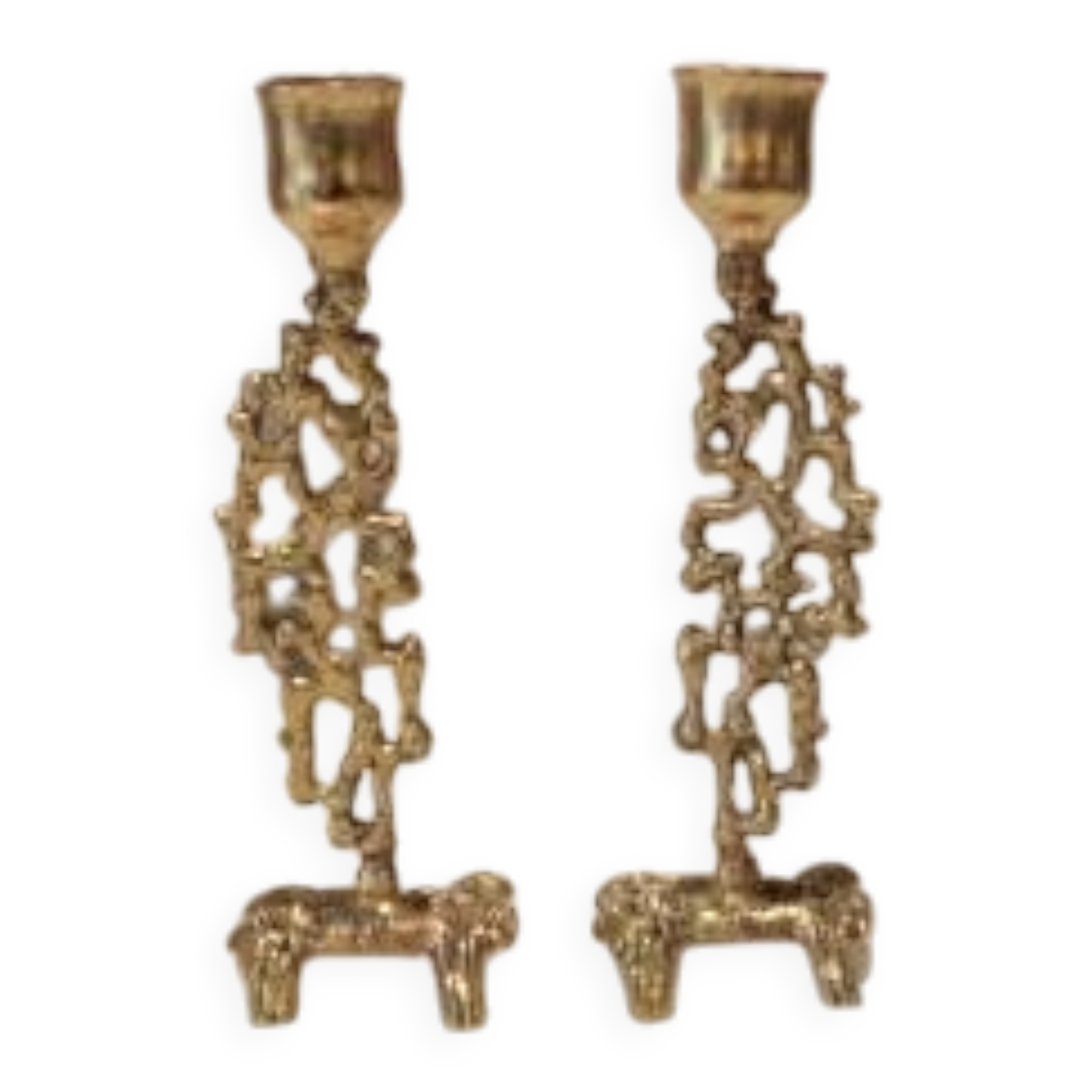Pair of gilded bronze candlestick holders in brutalist style from around 1970.